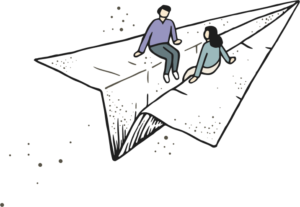 Hand-drawn illustration of a couple riding on top of a paper plane, symbolizing that Lov Films is based in Costa Rica and available worldwide.
